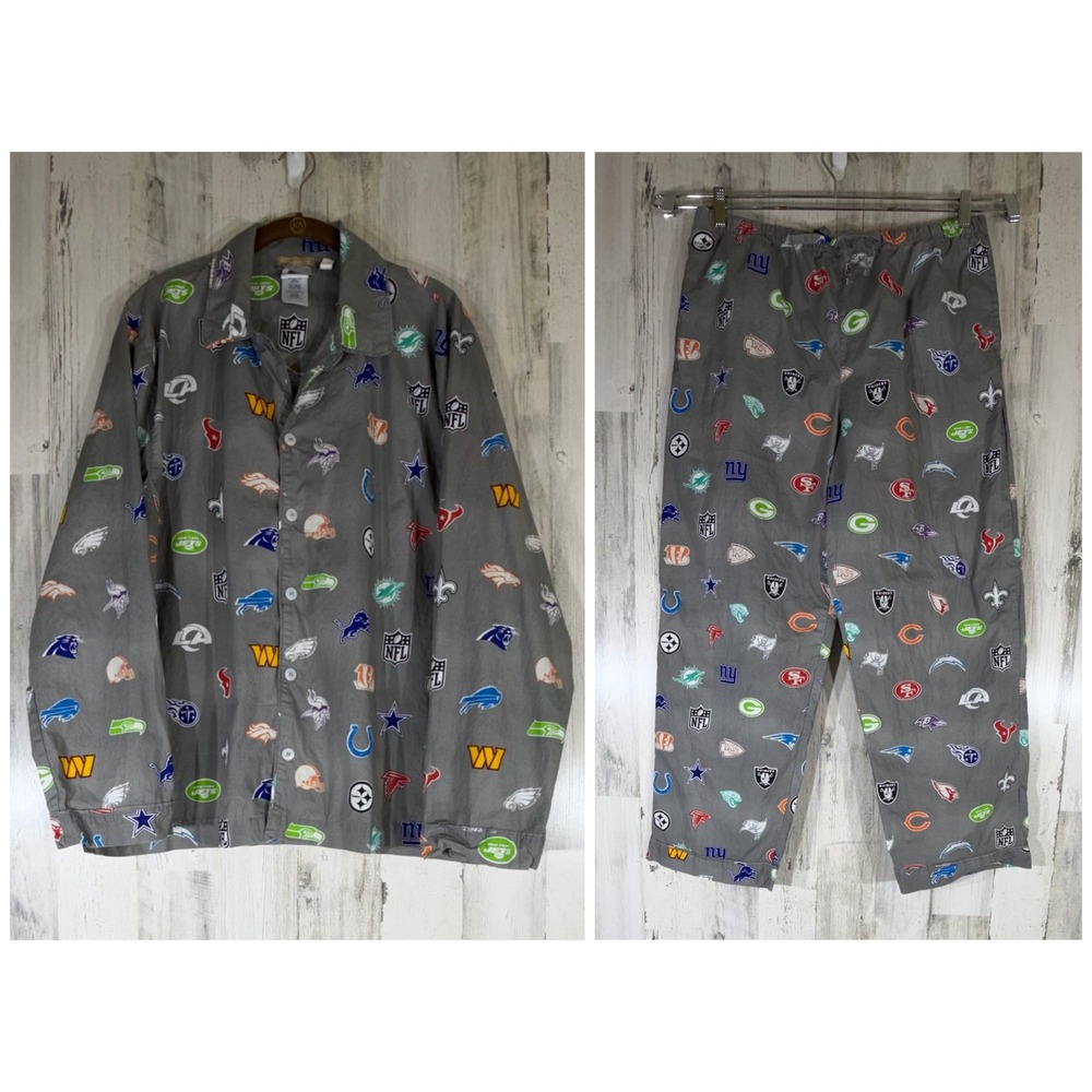 Pottery Barn Teen NFL Mens Pajama Set XL Gray All Over Print Cotton Shirt Pants